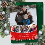 Cartes Pour Fêtes Annuelles Festif Snowflakes Script moderne REJOICE Noël<br><div class="desc">Festive Snowflakes sur Bourgogne Rouge et Vert Élégant Script REJOICE Photo Collage Modern Holiday Card. Envoyez des voeux et des salutations à vos proches avec cette carte de Noël minimaliste et moderne. Tous les textes sont pré-arrangés pour que vous personnalisiez facilement et rapidement avec vos propres détails. Joyeuses fêtes !...</div>