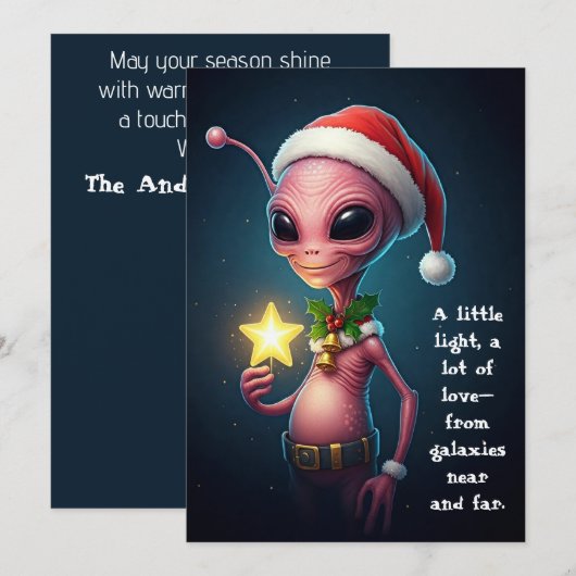 Cartes Pour Fêtes Annuelles Festive Alien with Glowing Star – Cosmic Christmas (Devant / Derrière)