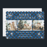 Cartes Pour Fêtes Annuelles Festive Blue Plaid Sparkly Snowflake Photo Collage<br><div class="desc">Belle carte de vacances en plastique de buffle bleu avec des flocons de neige et des étoiles. Personnalisez facilement cette carte de vacances mignonne avec vos photos et texte.</div>