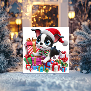 Cartes Pour Fêtes Annuelles Festive Boston Terrier avec cadeaux
