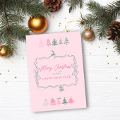 Cartes Pour Fêtes Annuelles Festive Bow & Chic Trees Doodle Pink Holiday Card