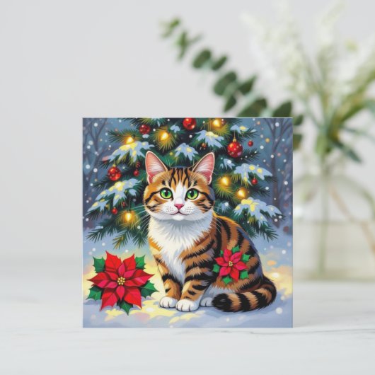 Cartes Pour Fêtes Annuelles Festive Cat and Poinsettia Customized Christmas (Debout devant)