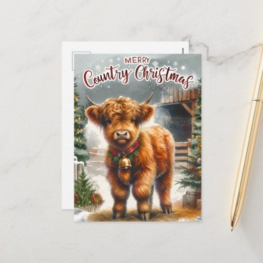 Cartes Pour Fêtes Annuelles Festive Country Highland cow ajouter un message (Devant/Arrière en situation)