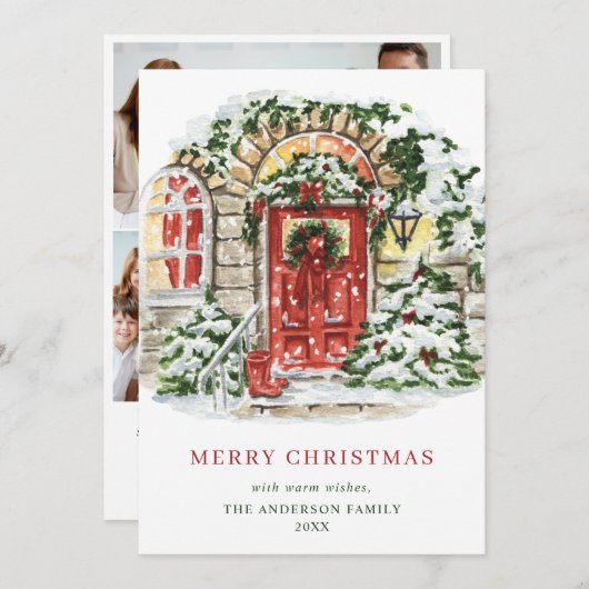 Cartes Pour Fêtes Annuelles Festive Country House Noël Salutation 4 Photo (Devant / Derrière)