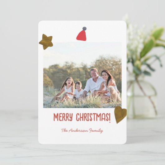 Cartes Pour Fêtes Annuelles Festive Minimal Gold Heart Star Photo de Noël (Debout devant)