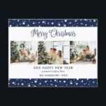 Cartes Pour Fêtes Annuelles Festive Modern Blue 3 Photo Collage Étoiles<br><div class="desc">Carte postale de vacances photo bleue avec un arrière - plan bleu étoilé avec 3 photos sur le devant et une scène d'hiver aquarelle à l'arrière. Personnalisez facilement cette carte postale moderne avec vos photos et votre texte.</div>
