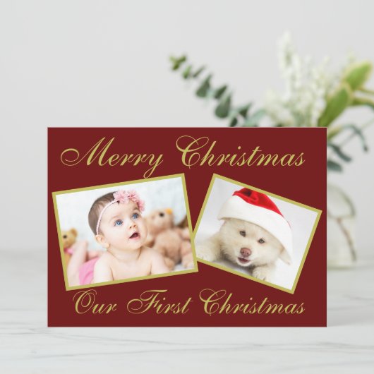 Cartes Pour Fêtes Annuelles Festive Notre premier Noël Gold 2 Photos Fêtes (Debout devant)