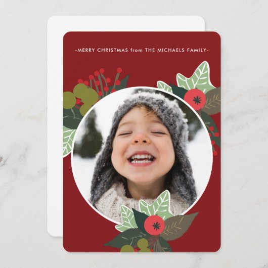 Cartes Pour Fêtes Annuelles Festive Red Botanical Circle Photo Noël (Devant / Derrière)