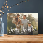 Cartes Pour Fêtes Annuelles Festive Script superposition Hanoukka Photo<br><div class="desc">Hanoukka carte photo simple et chic présente votre photo de famille préférée superposée avec "Happy Hanoukka" en lettres blanches modernes. Personnalisez avec votre nom de famille et l'année le long du bas. Les cartes retournent à une neige et étoiles motif en bleu marine et blanc riche.</div>