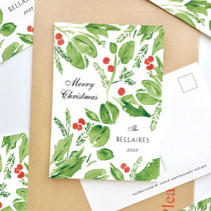 Cartes Pour Fêtes Annuelles Fête blanche Holly Green et Red Watercolor
