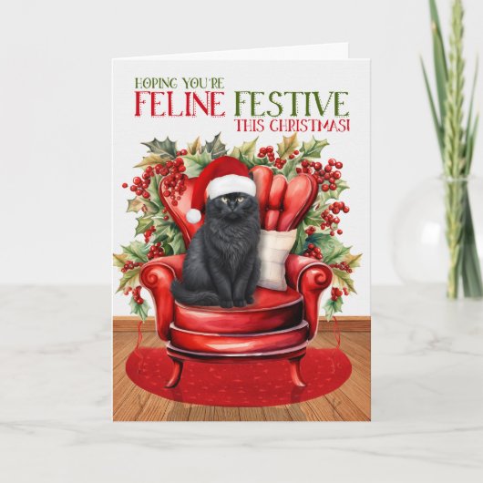 Cartes Pour Fêtes Annuelles Fête Fluffy de Noël Fluffy Chat noir FELINE (Devant)