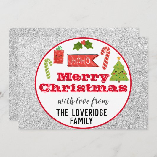 Cartes Pour Fêtes Annuelles Fête Joyeux Noël Rouge Parties scintillant argent (Devant / Derrière)