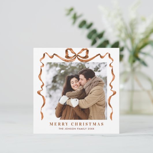 Cartes Pour Fêtes Annuelles Fête Noël Beige Boho Bow Ribbon 2 Photo (Debout devant)