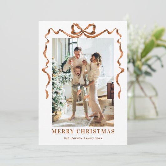 Cartes Pour Fêtes Annuelles Fête Noël Beige Boho Bow Ribbon 2 Photo (Debout devant)