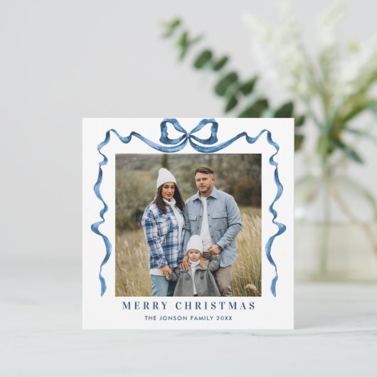 Cartes Pour Fêtes Annuelles Fête Noël Dusty Blue Bow Ribbon 2 Photo (Debout devant)