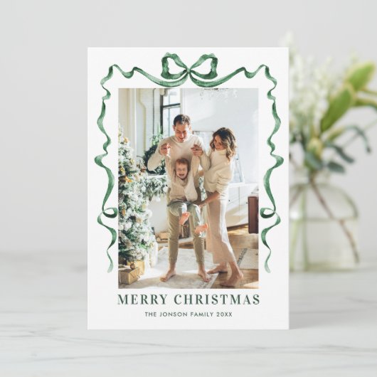 Cartes Pour Fêtes Annuelles Fête Noël Sage Green Bow Ribbon 2 Photo (Debout devant)