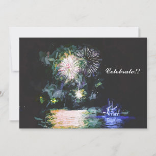 Cartes Pour Fêtes Annuelles Feu d'artifice Célébrez l'aquarelle de bateau Nouv