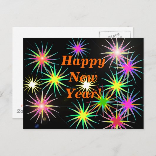 Cartes Pour Fêtes Annuelles Feu d'artifice du Nouvel An Flash sur Noir (Devant / Derrière)