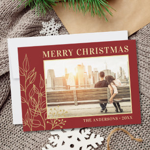 Cartes Pour Fêtes Annuelles Feuillage doré Bordeaux Photo Joyeux Noël