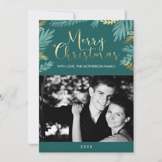 Cartes Pour Fêtes Annuelles Feuilles d'or et vert Joyeux Noël Photo (Devant)