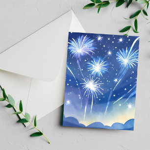 Cartes Pour Fêtes Annuelles Feux d'artifice bleus   Aquarelle de célébration d