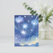 Cartes Pour Fêtes Annuelles Feux d'artifice bleus | Aquarelle de célébration d (Debout devant)