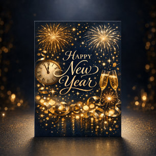 Cartes Pour Fêtes Annuelles Feux d'artifice dorés élégants Bonne année minuit