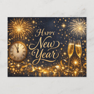Cartes Pour Fêtes Annuelles Feux d'artifice dorés élégants Bonne année minuit