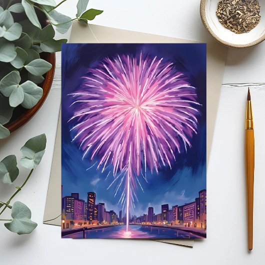 Cartes Pour Fêtes Annuelles Feux d'artifice violets | Bonne année aquarelle