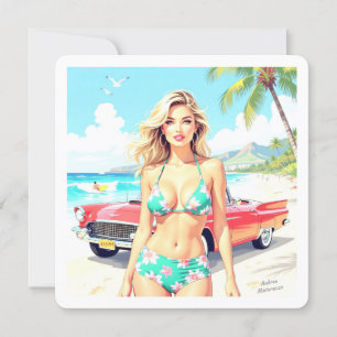 Cartes Pour Fêtes Annuelles Fille à la plage avec une voiture classique