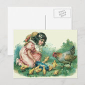 Cartes Pour Fêtes Annuelles Fille alimentant la poule de poussin de Pâques (Devant / Derrière)