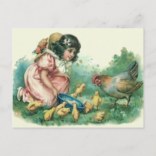 Cartes Pour Fêtes Annuelles Fille alimentant la poule de poussin de Pâques (Devant)