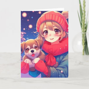 Cartes Pour Fêtes Annuelles Fille Anime avec chiot Noël personnalisé