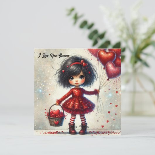 Cartes Pour Fêtes Annuelles Fille au pinceau d'aquarelle tenant des cœurs roug (Debout devant)