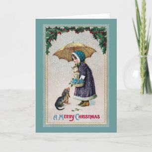 Cartes Pour Fêtes Annuelles Fille, chat et chien sous le parapluie dans le cru