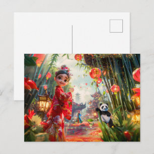 Cartes Pour Fêtes Annuelles Fille de bande dessinée dans une forêt de bambou a