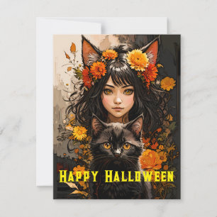 Cartes Pour Fêtes Annuelles Fille de chat et Halloween de chat noir