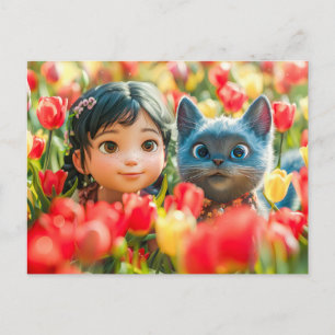 Cartes Pour Fêtes Annuelles Fille de fantaisie printanière et chat dans les tu