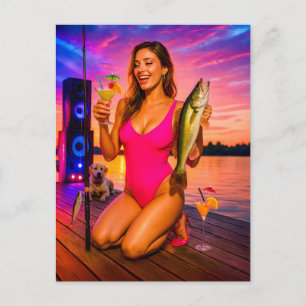 Cartes Pour Fêtes Annuelles Fille de fête pêchant avec cocktail et musique