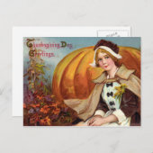 Cartes Pour Fêtes Annuelles Fille de pèlerin de Thanksgiving avec Citrouille (Devant / Derrière)