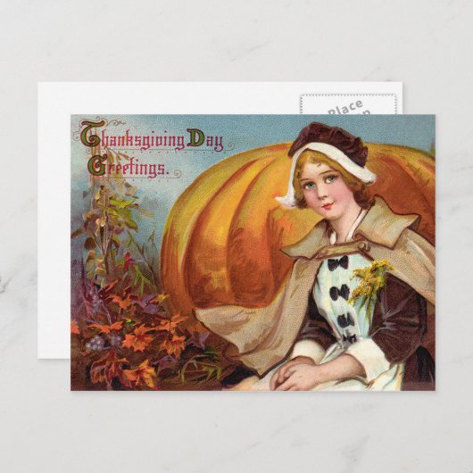 Cartes Pour Fêtes Annuelles Fille de pèlerin de Thanksgiving avec Citrouille (Devant / Derrière)