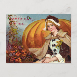 Cartes Pour Fêtes Annuelles Fille de pèlerin de Thanksgiving avec Citrouille