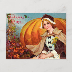 Cartes Pour Fêtes Annuelles Fille de pèlerin de Thanksgiving avec Citrouille
