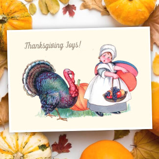 Cartes Pour Fêtes Annuelles Fille de Thanksgiving vintage avec dinde et récolt