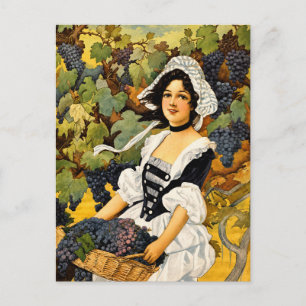 Cartes Pour Fêtes Annuelles Fille de vigne vintage avec panier de raisins