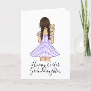 Cartes Pour Fêtes Annuelles Fille en carreaux gingham violet portant un lapin