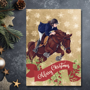 Cartes Pour Fêtes Annuelles Fille et Cheval Joyeux Noël Golden