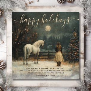 Cartes Pour Fêtes Annuelles Fille et cheval Pleine lune Noël d'hiver