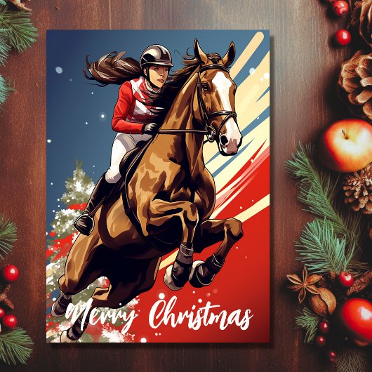 Cartes Pour Fêtes Annuelles Fille et Cheval Sautant Joyeux Noël