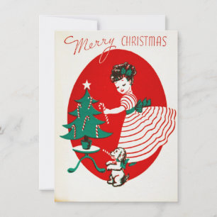 Cartes Pour Fêtes Annuelles Fille et chien de Noël vintage avec canne à sucre
